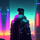 Man in leather jacket gazes at neon-lit cityscape at night with misty skyscrapers