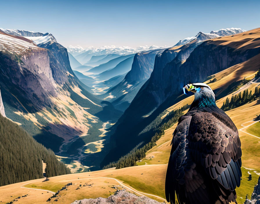 Eagle perched on ledge overlooking vast mountain valley