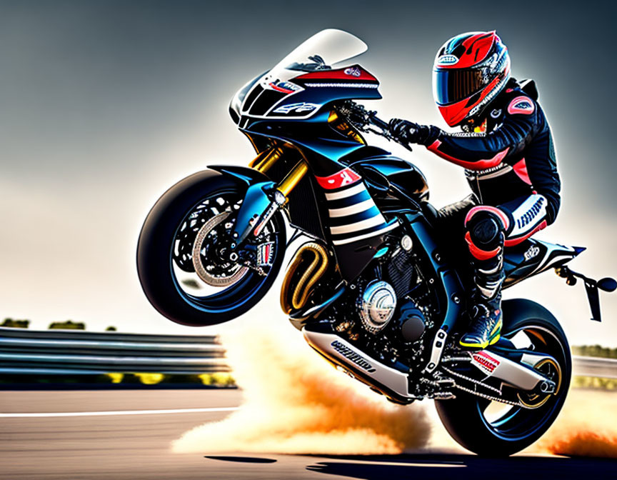 Motorcyclist in racing suit leans into turn on sportbike with motion blur & sparks flying