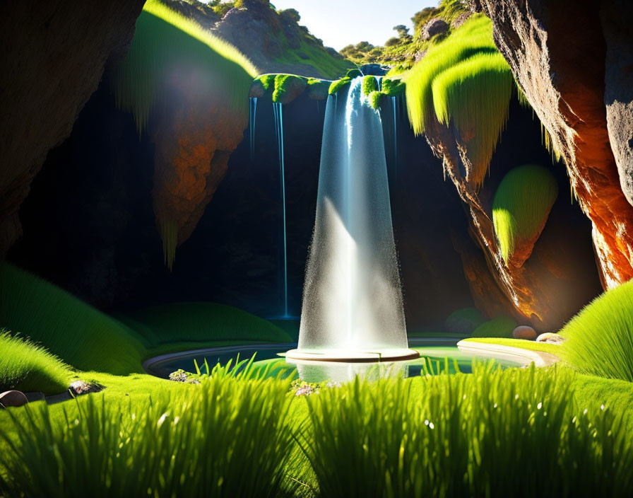 Surreal landscape: cascading waterfall in cave with lush green surroundings