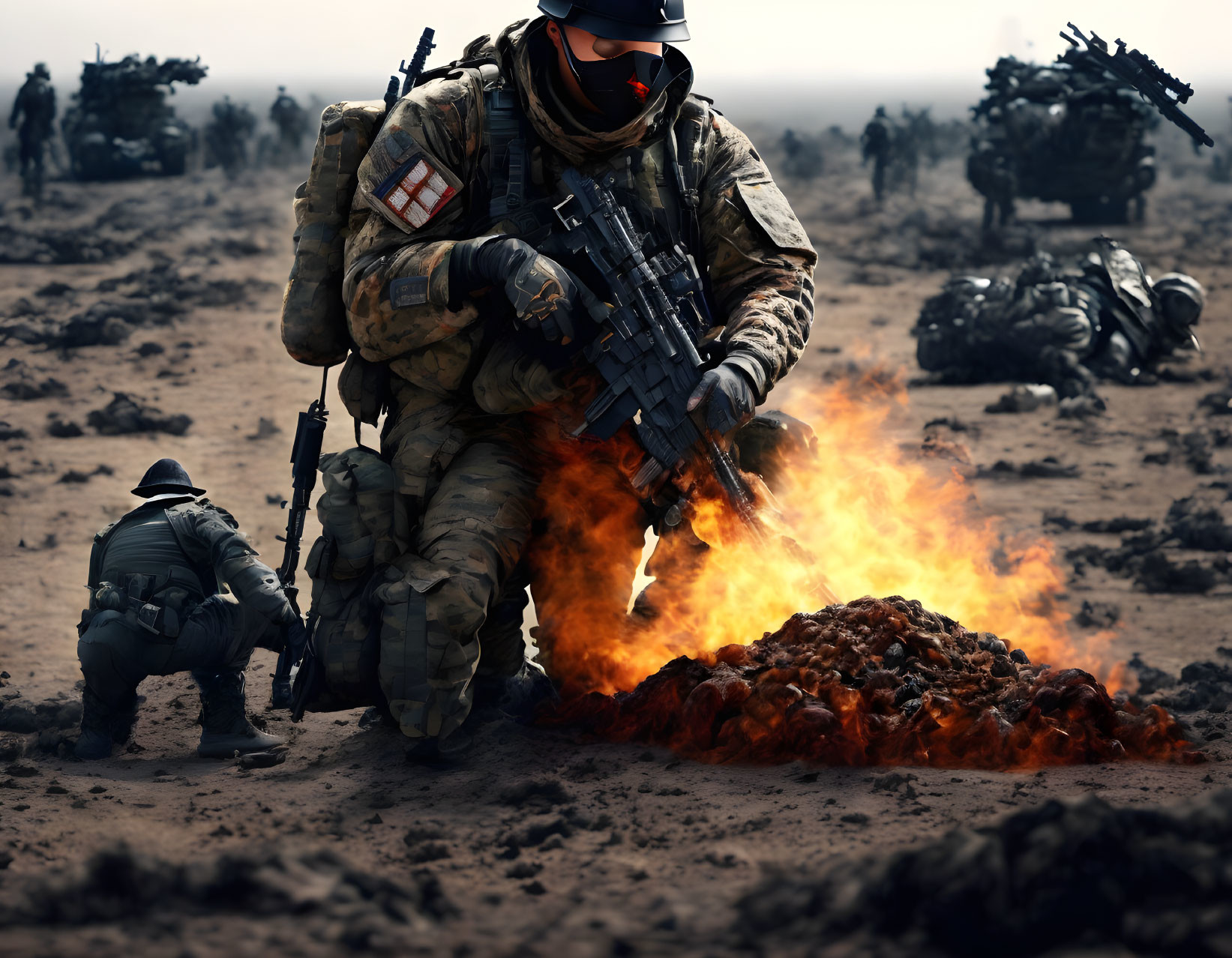 Soldier in combat gear kneeling by fire on chaotic battlefield