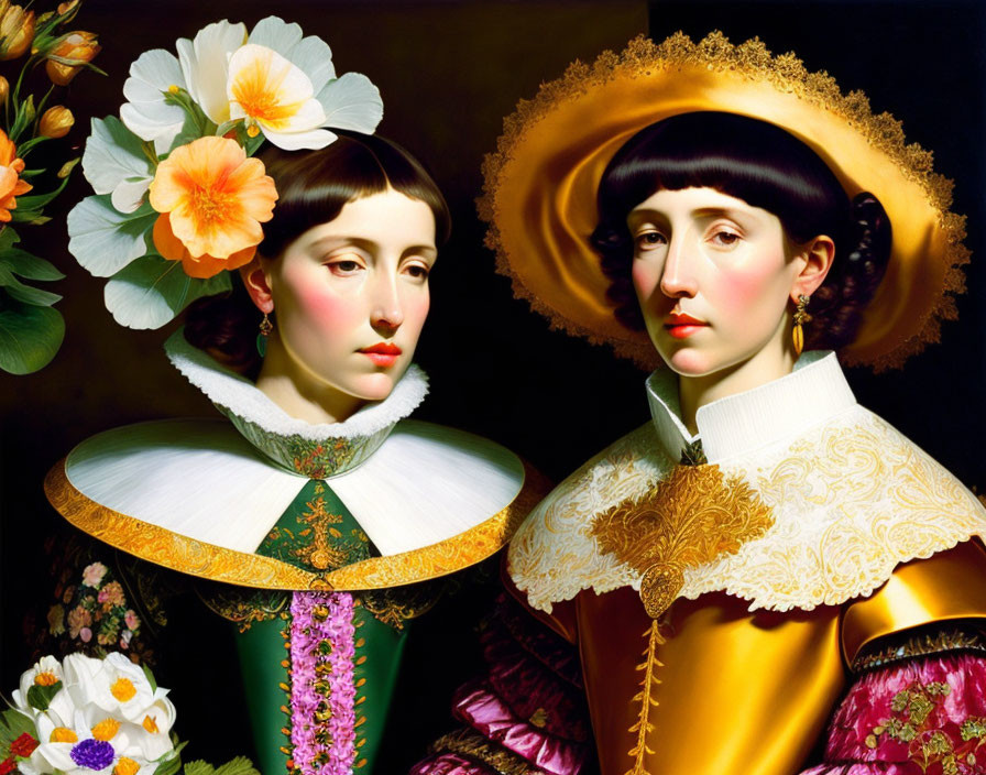 Vibrant digital artwork: Two women in Elizabethan and surreal floral style