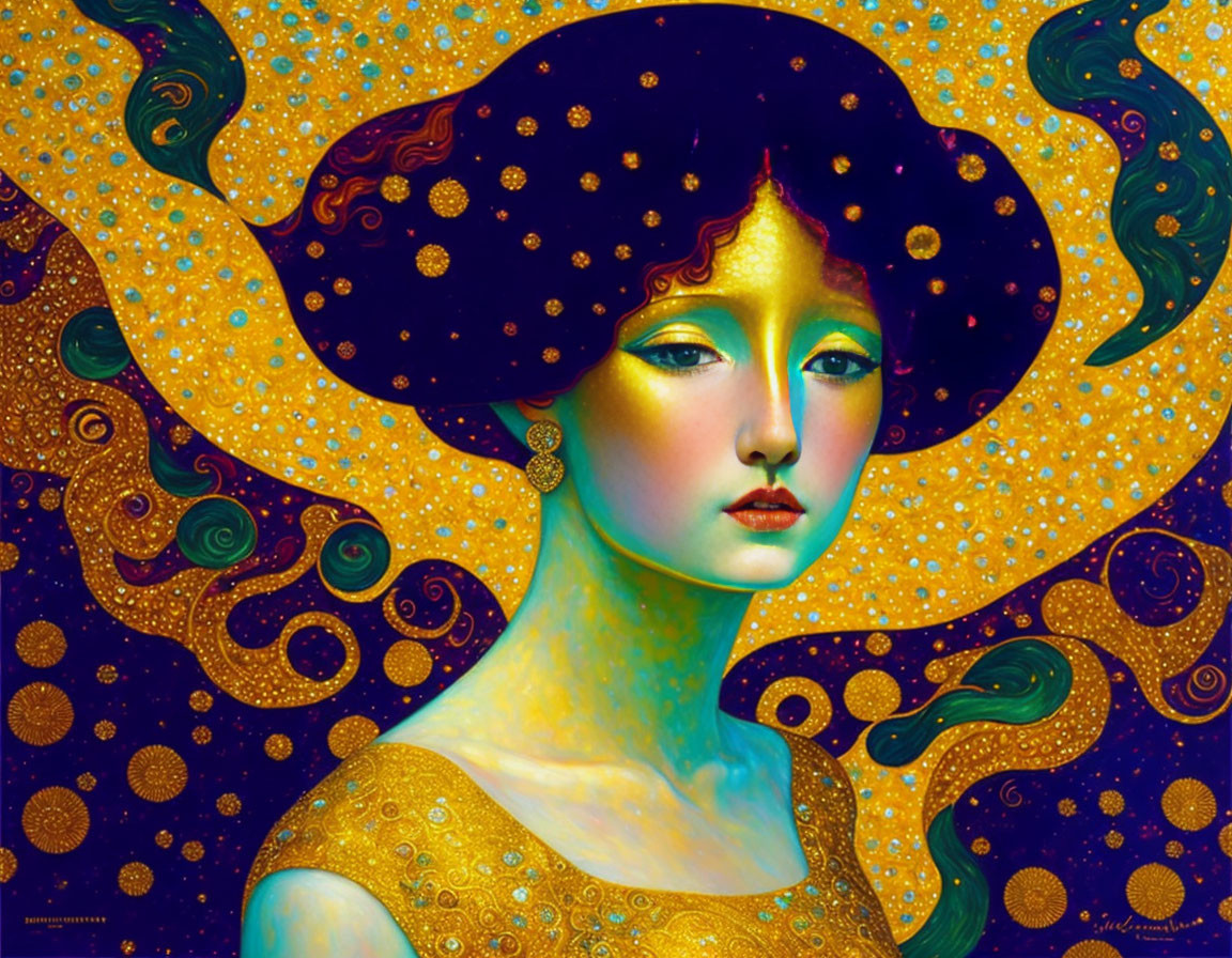 Art Nouveau Style Painting: Woman with Swirling Dark Hair on Starry Blue Background