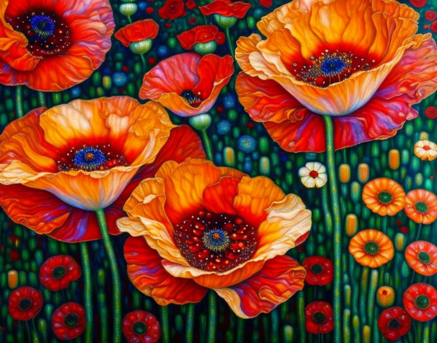 Colorful Poppy Field Painting with Vibrant Red and Orange Flowers