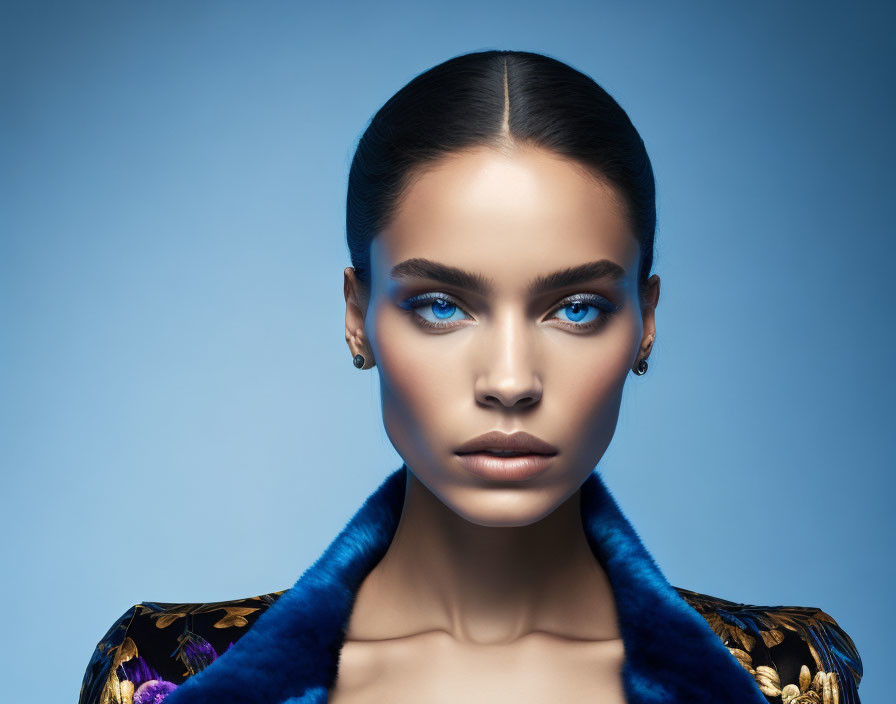 Striking blue-eyed individual with sleek hair and luxurious blue fur collar