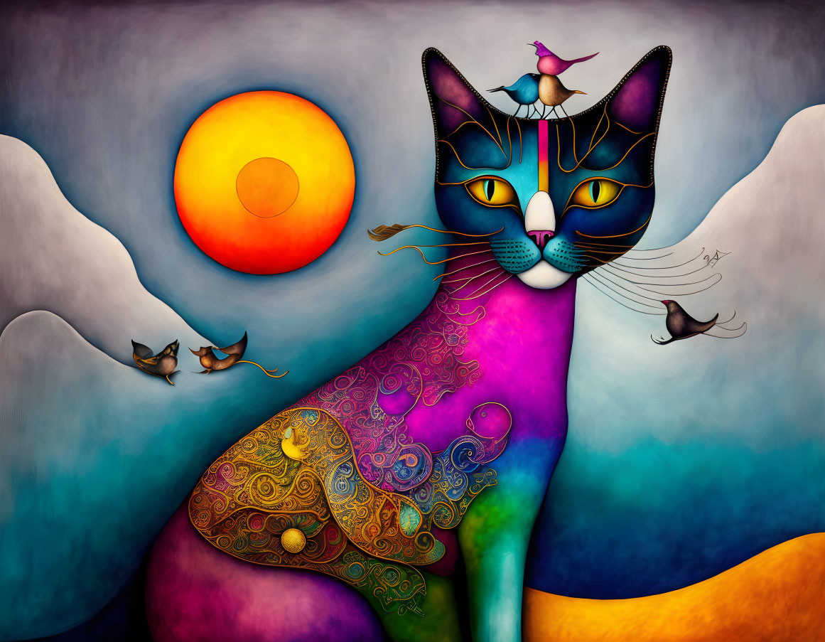 Colorful painting of multicolored cat with bird, fish, and sun.