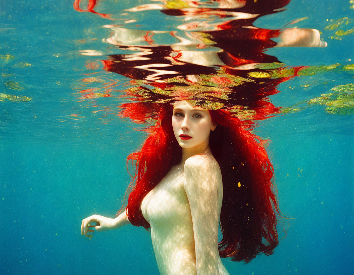 Woman with Vibrant Red Hair Submerged in Clear Blue Water