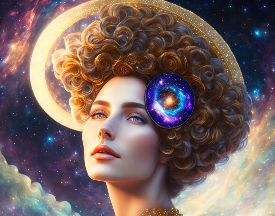 Cosmic-themed woman illustration with galaxy hair and star makeup