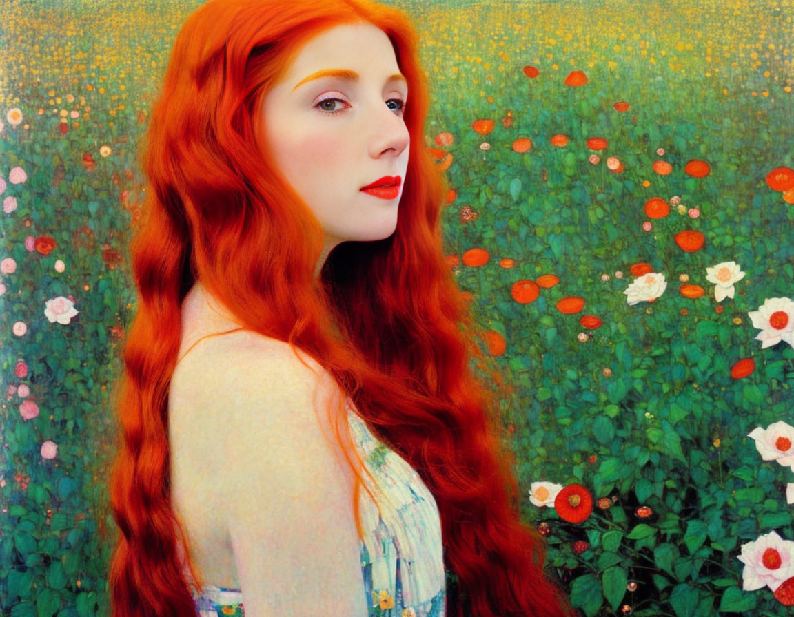 Red-haired woman in dreamy meadow with red lipstick, looking sideways