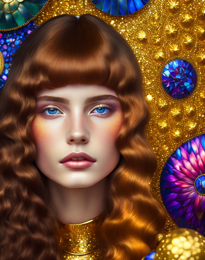 Woman's digital portrait with wavy hair and blue eyes against golden patterns and gemstones