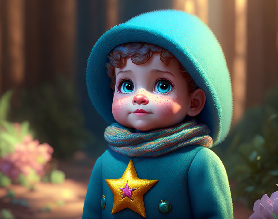 Digital illustration of cute child in blue coat and hat in enchanted forest