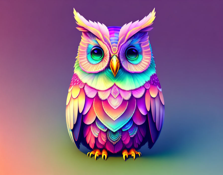 Colorful Stylized Owl Illustration in Purple, Pink, Yellow, and Blue