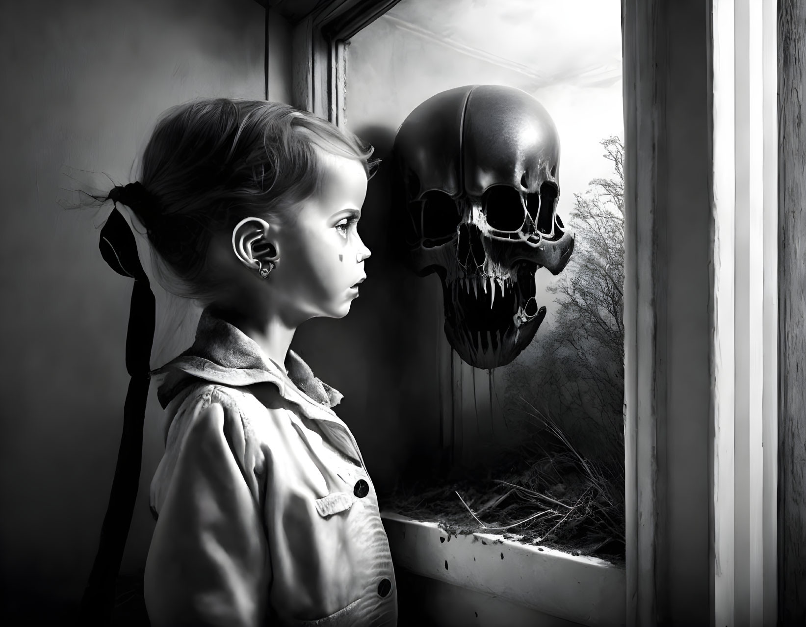 Young girl gazing at ominous skull outside window