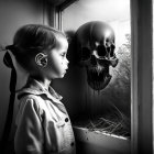 Young girl gazing at ominous skull outside window