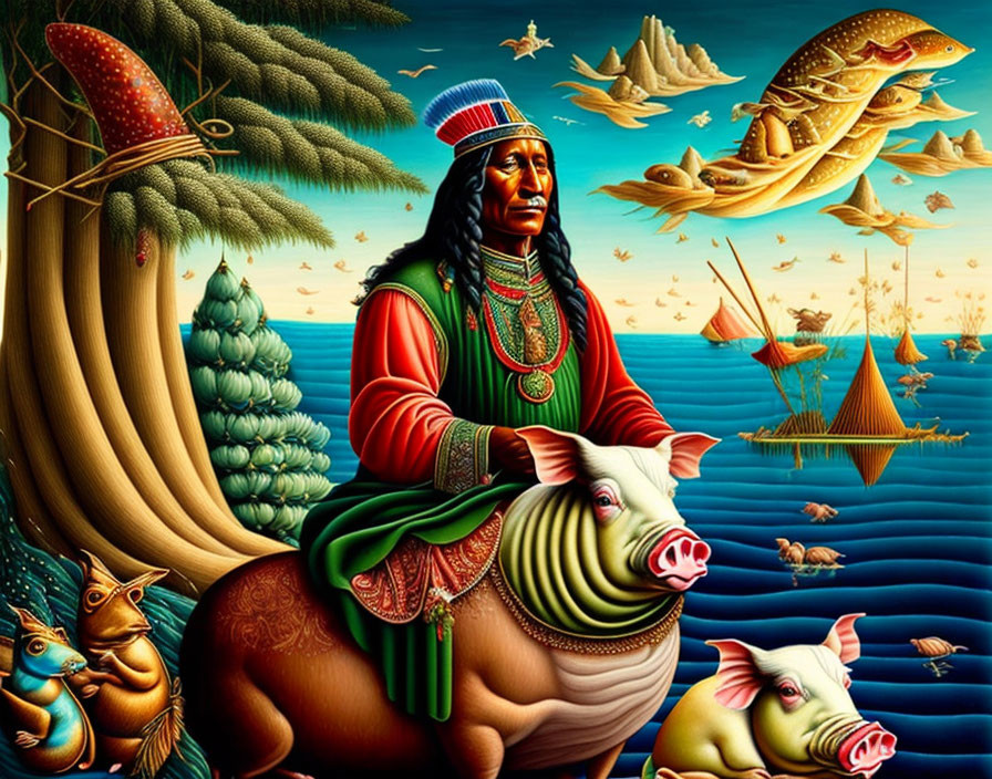 Colorful Native American chief on striped pig with flying fish in surreal ocean scene