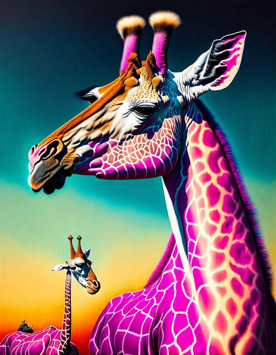 Vibrant painting of three giraffes with purple patterns on sunset sky backdrop