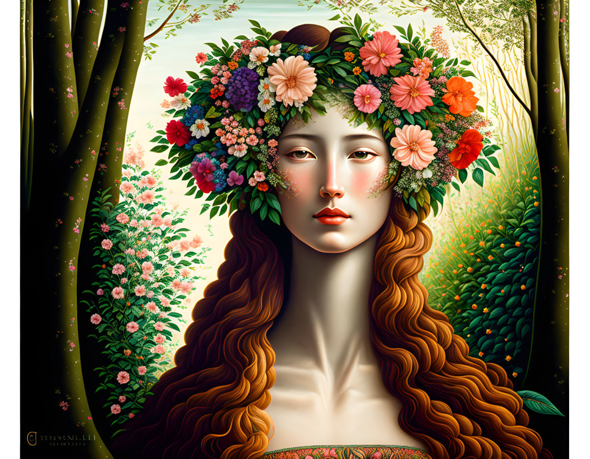 Digital Art: Woman with Floral Crown in Lush Forest