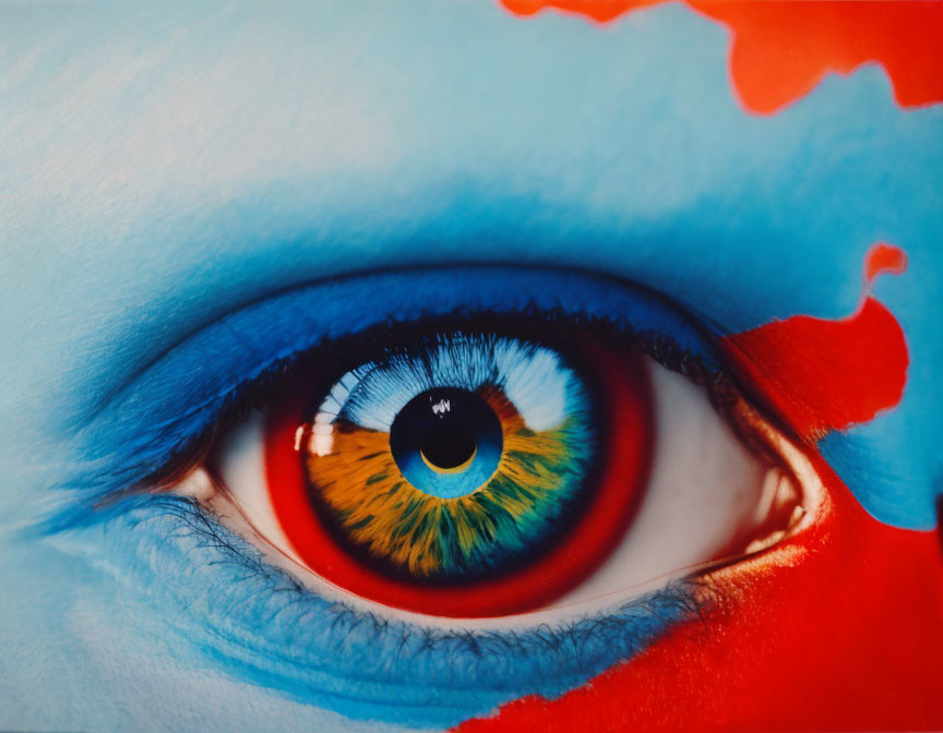 Vibrant blue and red eye makeup close-up shot