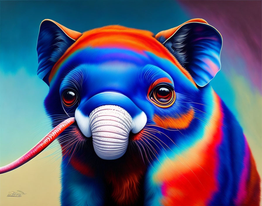 Colorful surreal painting: Bear with gas mask in bold blue, orange, and red hues