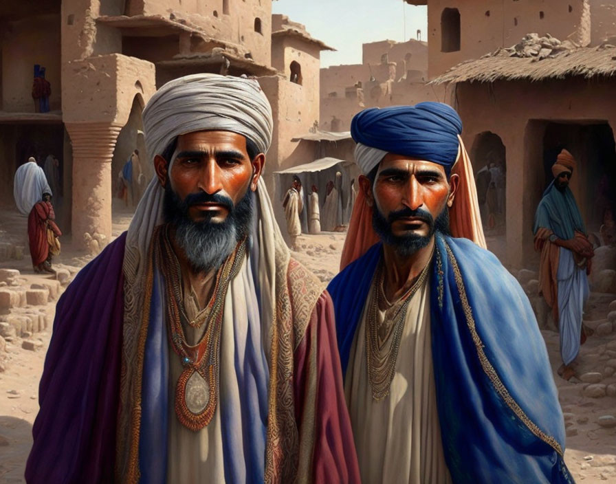 Men in traditional turbans and robes in desert town setting