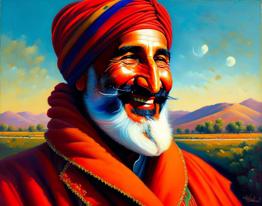 Colorful portrait of a smiling man with red turban and white beard in scenic landscape