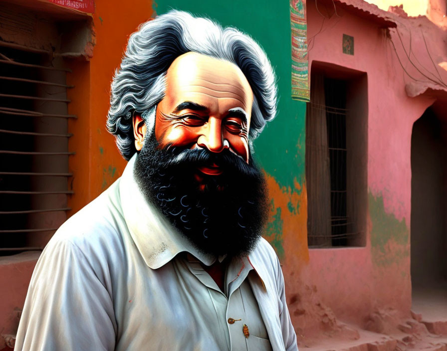 Colorful mural featuring smiling man with white beard and hair against pink buildings