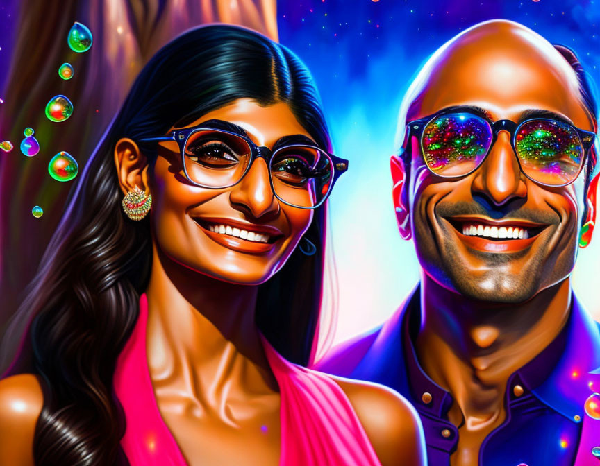 Colorful digital art: cheerful man & woman with glasses in cosmic setting.