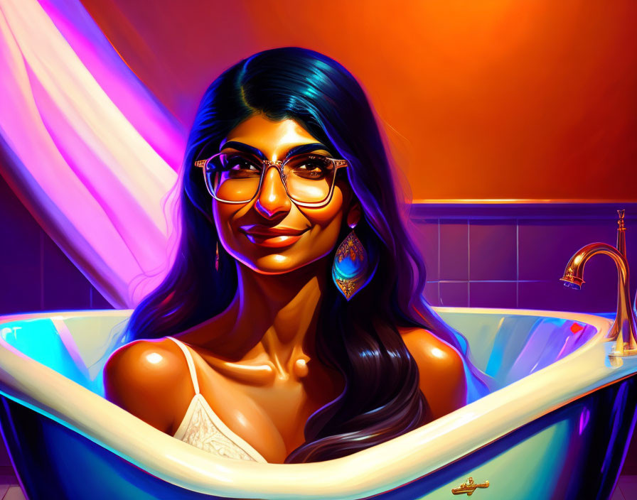 Colorful digital artwork of woman in bathtub with glasses and white outfit