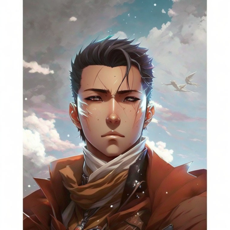 Confident animated character with dark hair, scarf, jacket, birds, and cloudy sky