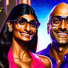 Colorful digital art: cheerful man & woman with glasses in cosmic setting.