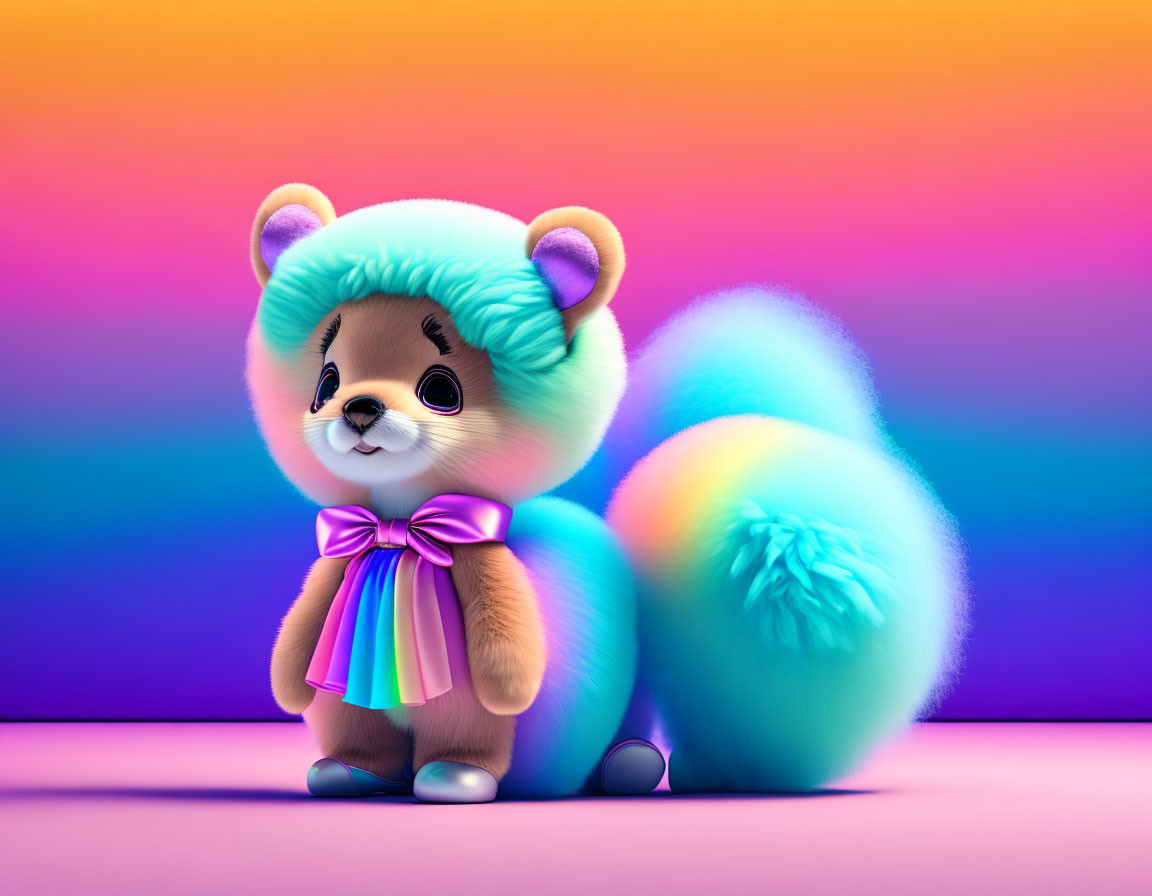 Colorful anthropomorphic teddy bear with blue head and pastel fur on rainbow background