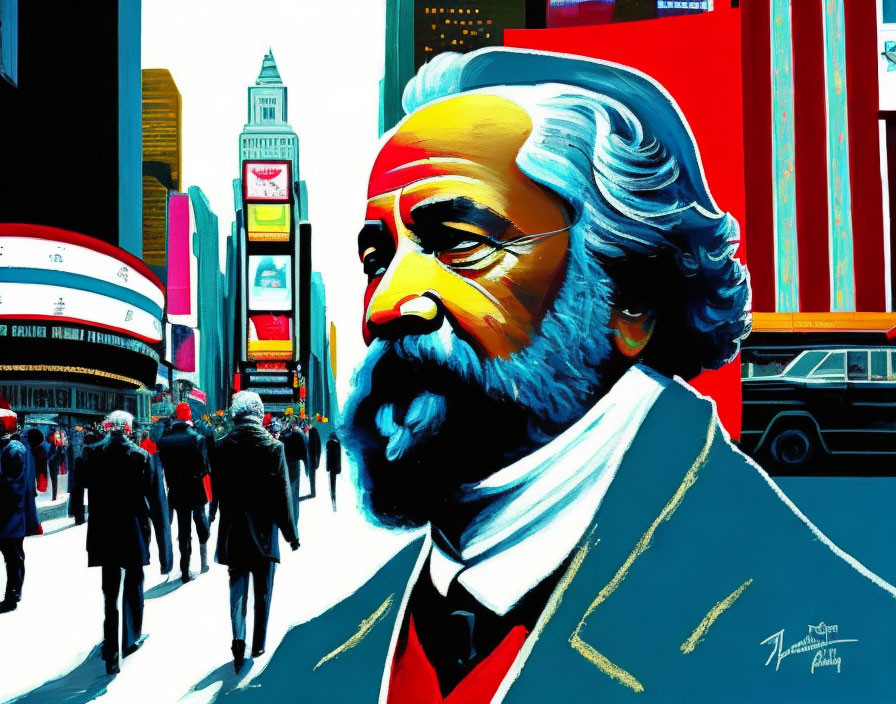 Vibrant urban illustration of Friedrich Engels with Times Square backdrop