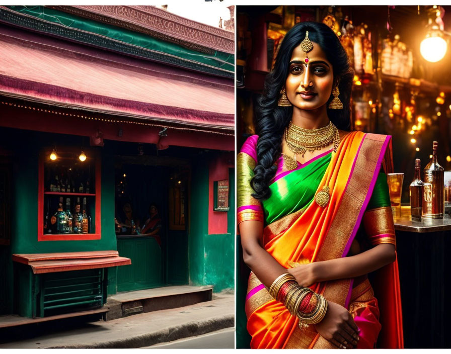 Colorful Street Scene with Bar and Indian Woman in Traditional Attire