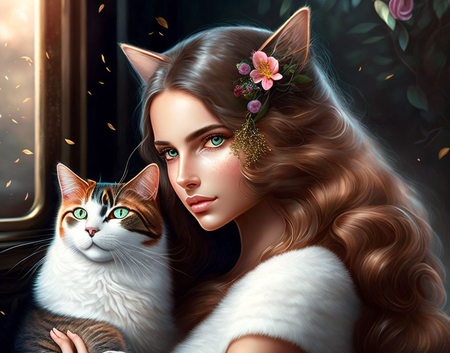 Digital artwork featuring woman with long wavy hair and cat gazing out window