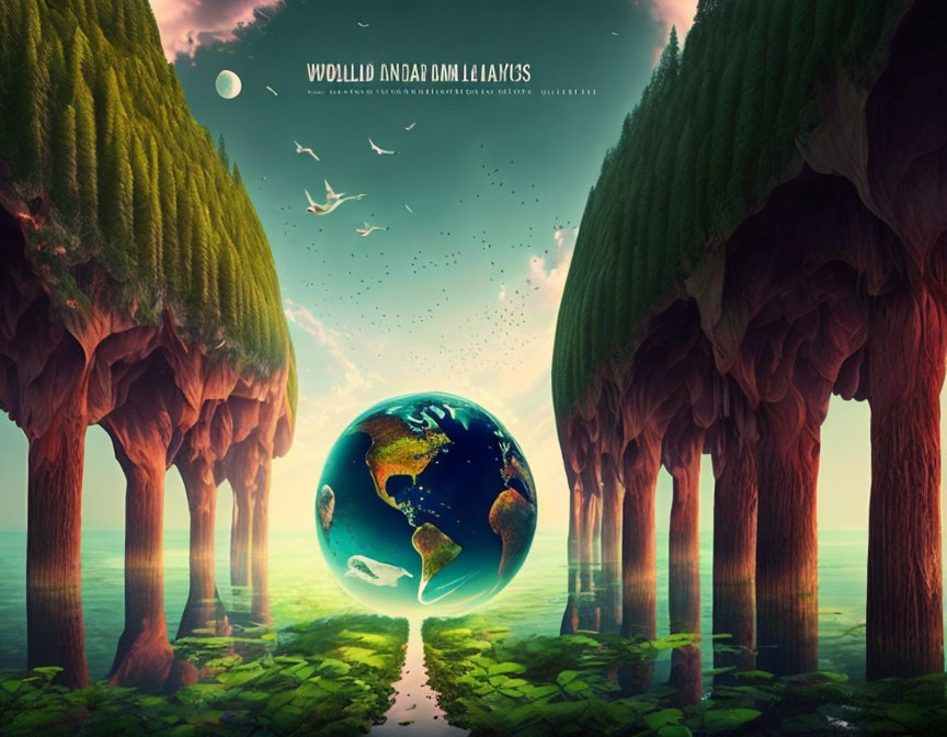 Surreal landscape with oversized tree trunks, floating Earth, birds, and ethereal lighting