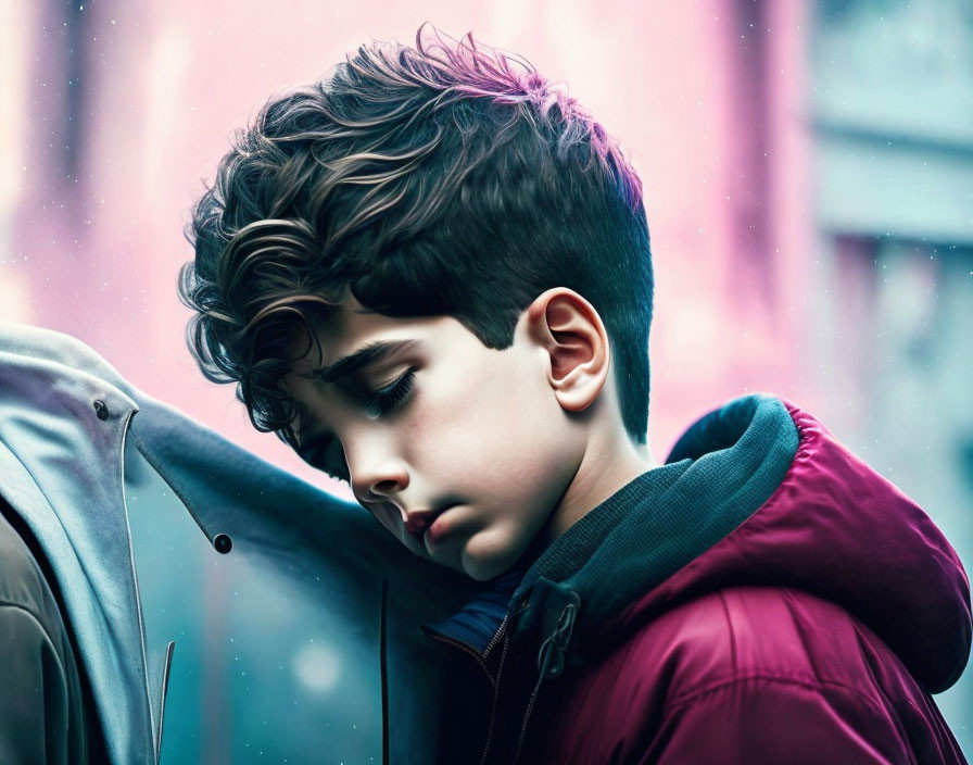 Stylish young boy with curly hair in urban setting with blurred lights