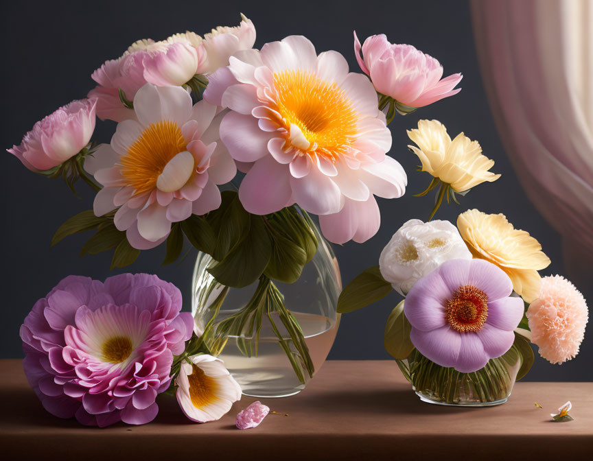 Colorful Peony Flower Arrangement in Transparent Vase on Dark Background