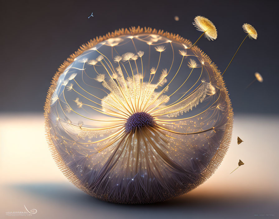 Digital artwork: Dandelion in glowing sphere with drifting seeds