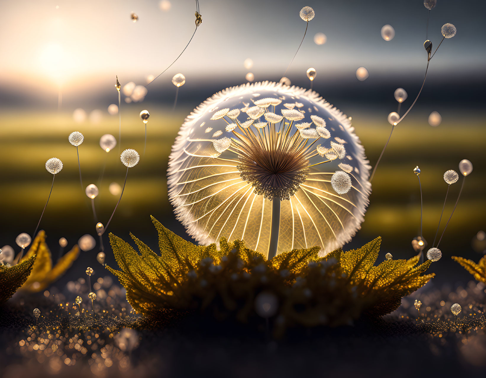 Close-Up Dandelion Seeds Dispersing at Sunset