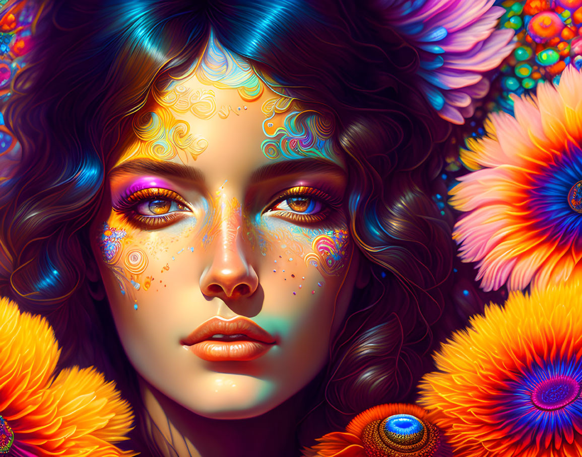 Colorful digital portrait of a woman with floral patterns and intricate designs.