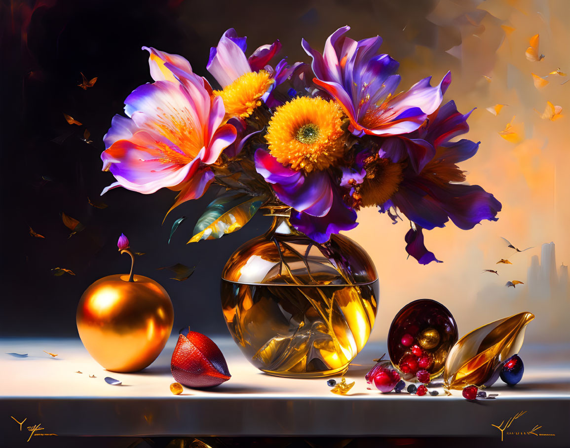 Colorful Still Life Painting with Flowers, Gold Vase, Sphere, Berries, Strawberry, and