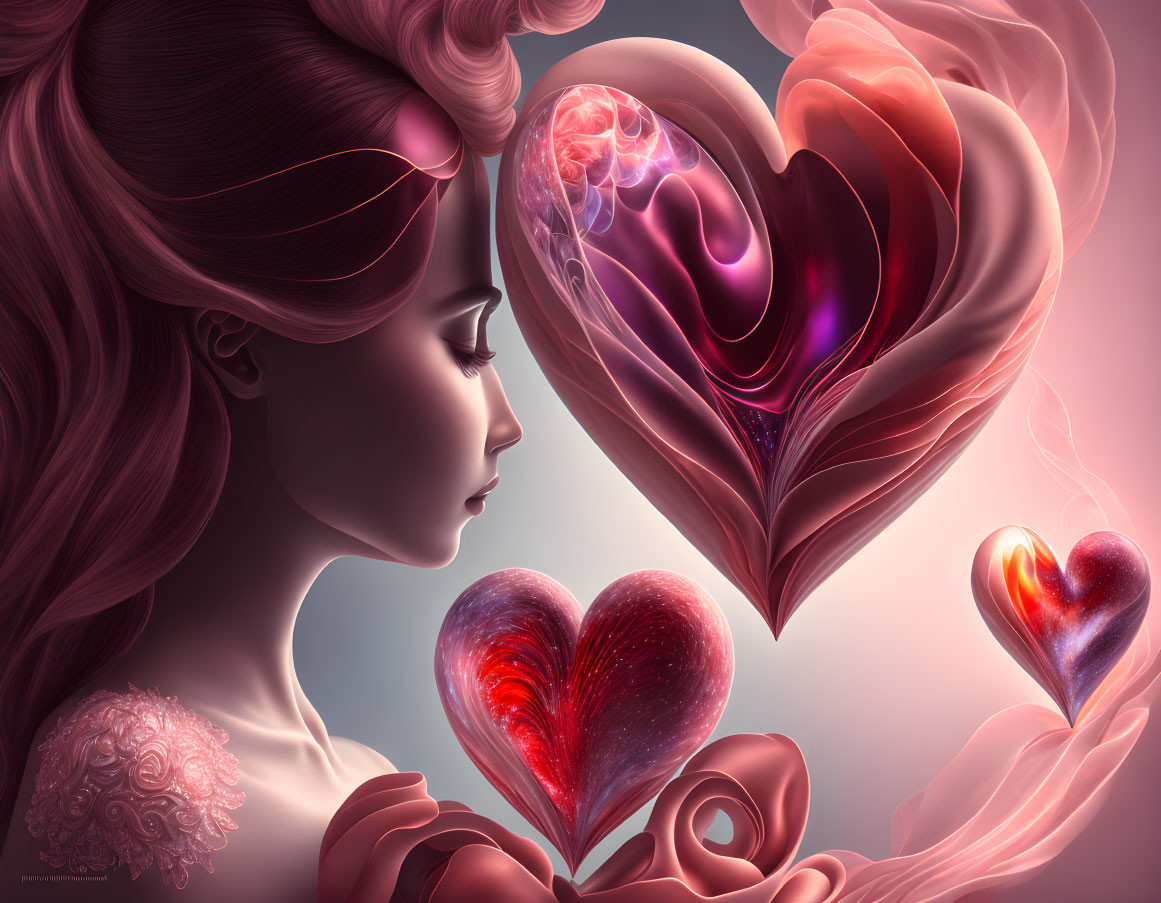 Red-haired woman gazes at glowing heart shapes on pink background