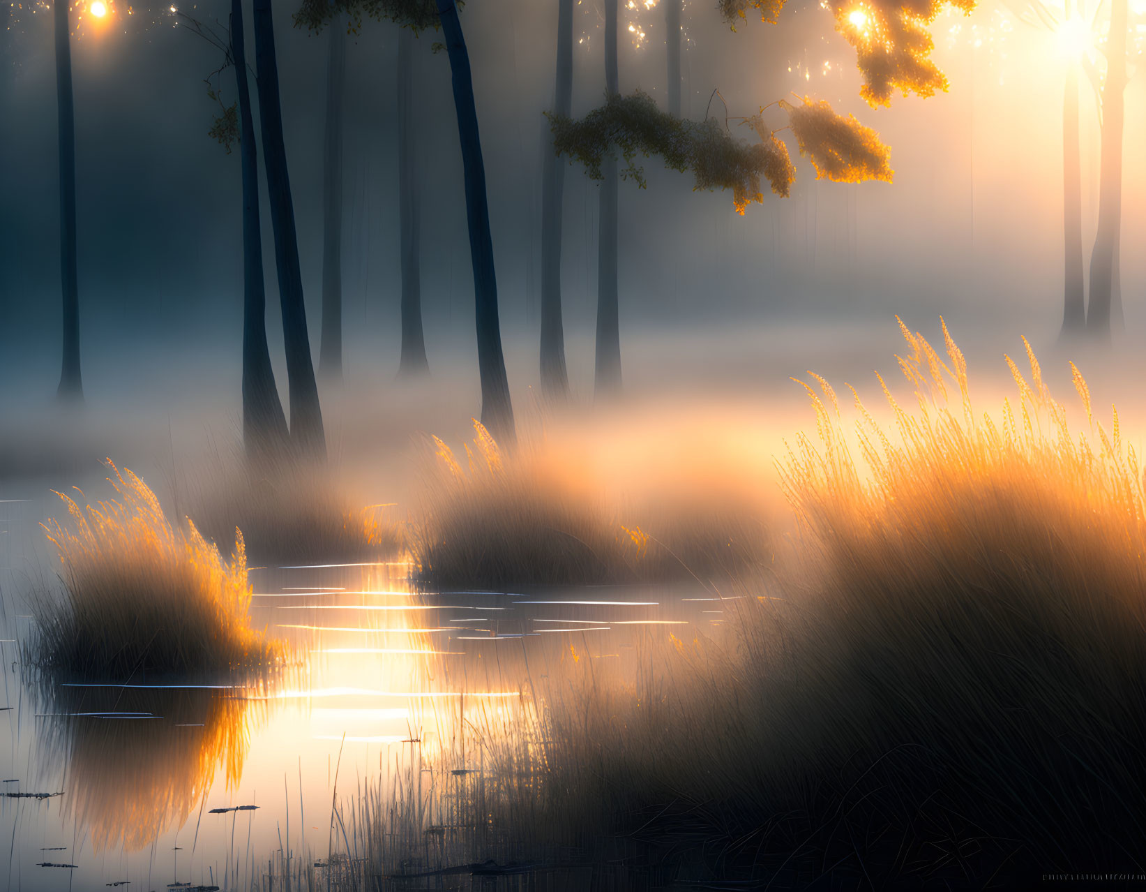 Serene sunrise in misty woodland with golden light and tranquil pond