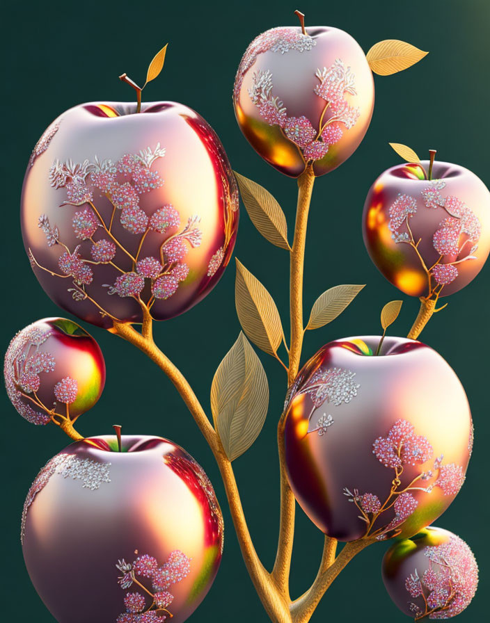 Surreal digital artwork of apple tree with shiny apples and floral patterns