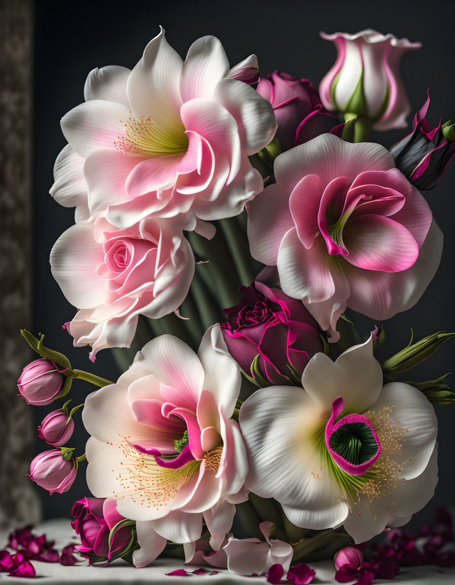 Pink and White Flowers Bouquet on Dark Background