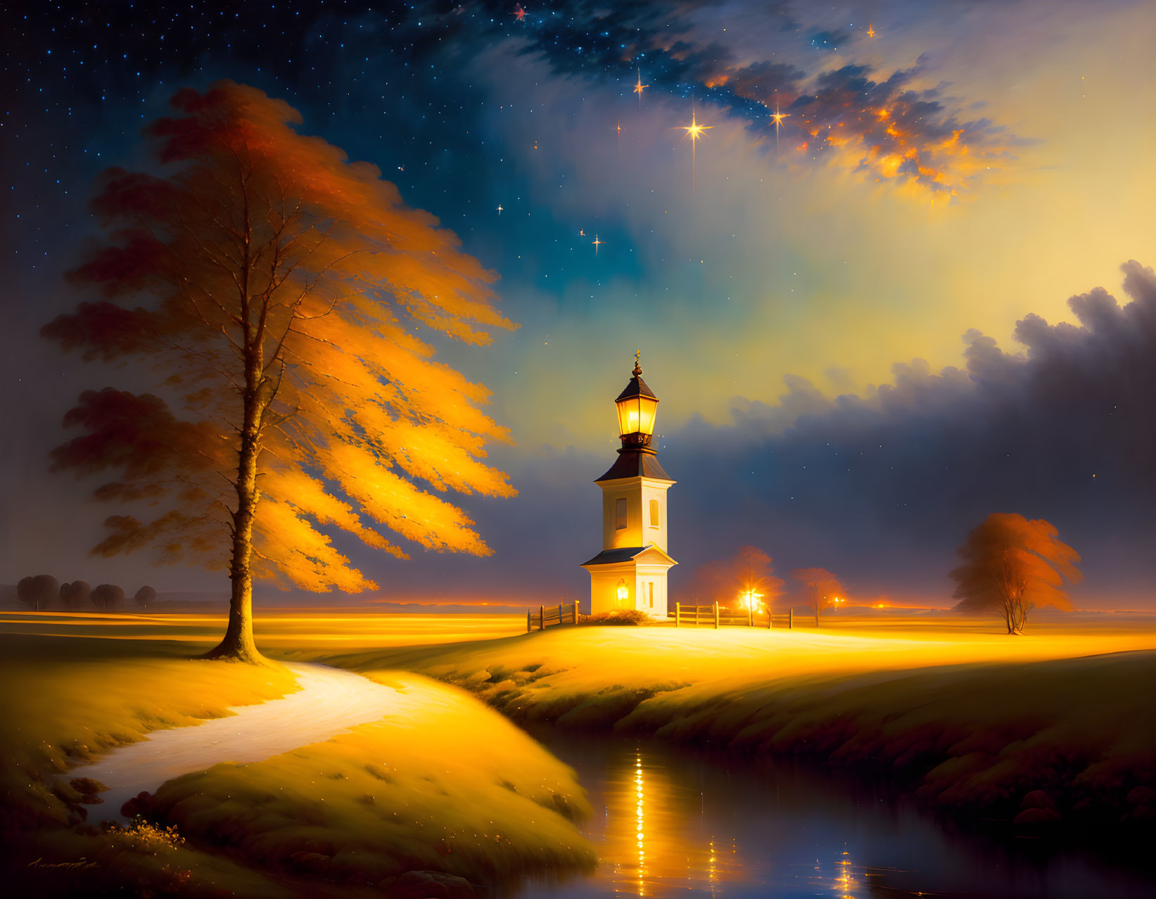 Twilight landscape with lighthouse, stars, lit pathway, and autumn trees