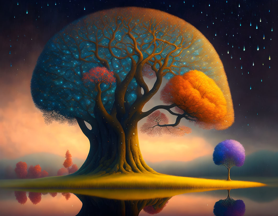 Surreal landscape with blue and orange tree reflected in twilight sky