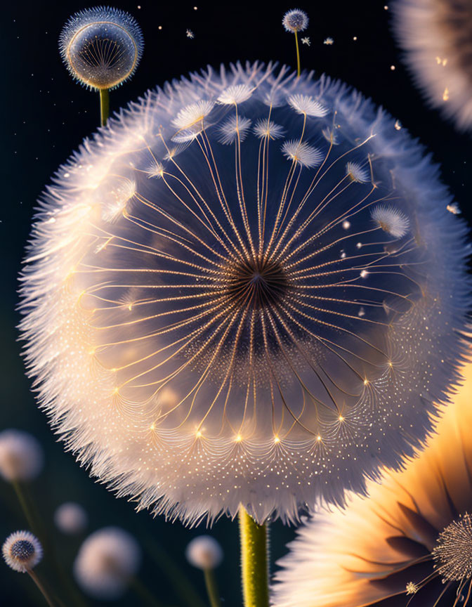 Detailed close-up of dandelion seeds dispersing on dark blue backdrop