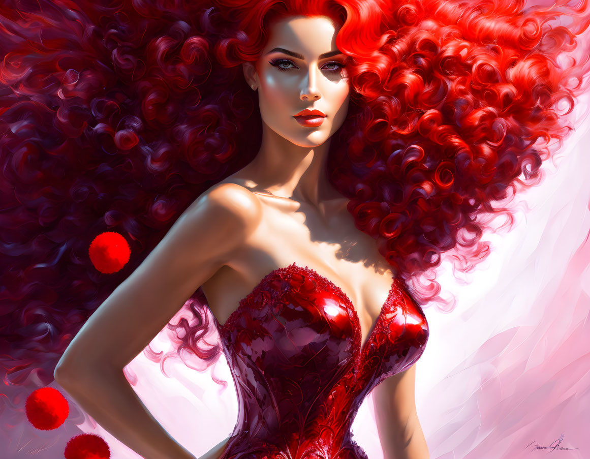 Voluminous red curly hair woman in red dress digital artwork