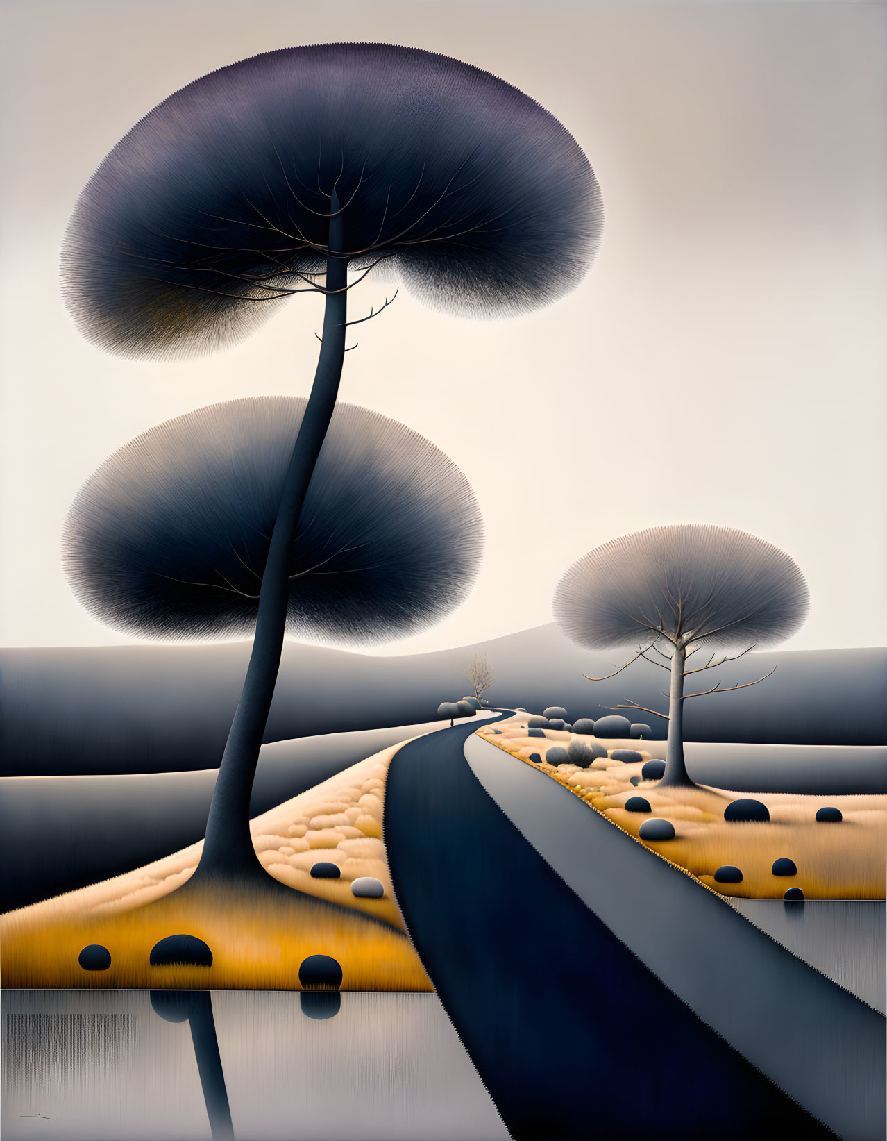 Surreal Landscape Painting with Stylized Trees and Monochromatic Tones